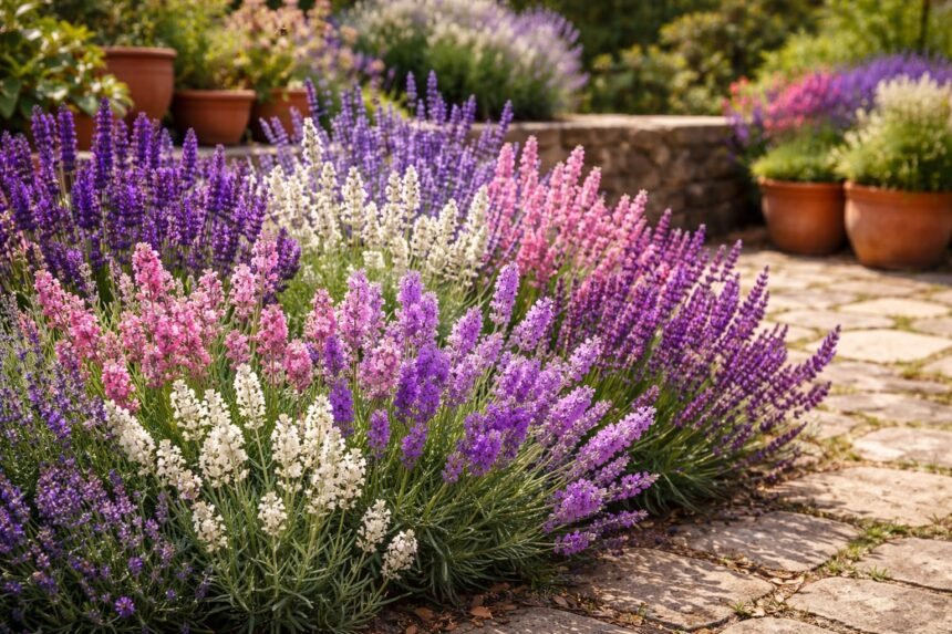 Lavendelsorten: Die besten 25 Sorten des Echten Lavendels (Übersicht) Nahaufnahme Lavendelblüten in sonnigem Garten, Bienen summen fleißig vor mediterranem Hintergrund