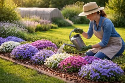 Leberbalsam in Blau, Violett oder Rosa blüht farbenfroh auf Beet.