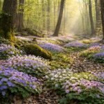 - Leberblümchen im Frühlingsgarten, blau-violette Blüten, zarte Staude unter Bäumen im sanften Licht