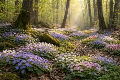 - Leberblümchen im Frühlingsgarten, blau-violette Blüten, zarte Staude unter Bäumen im sanften Licht