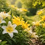 - Elegante Lilien im Beet, strahlend gelb bis rot, üppiges Laub, gesunde Blütenpracht.