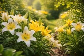 - Elegante Lilien im Beet, strahlend gelb bis rot, üppiges Laub, gesunde Blütenpracht.