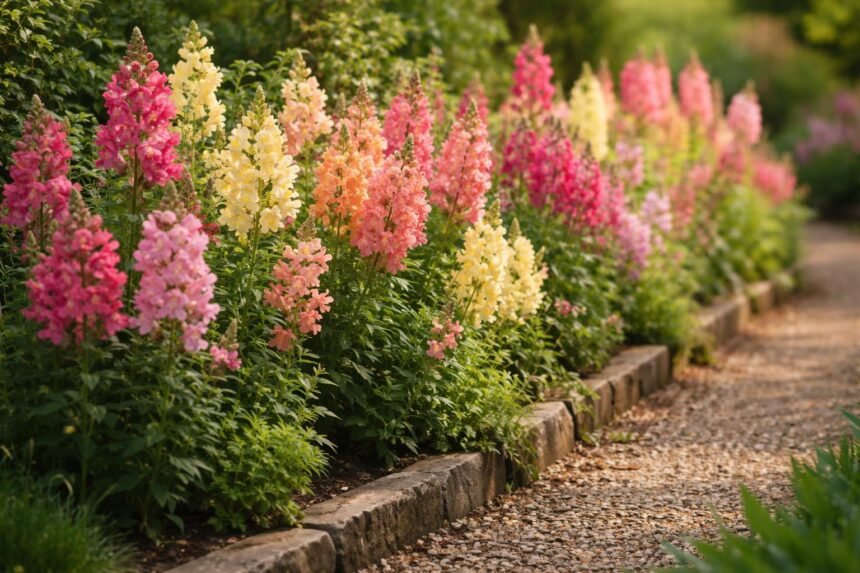 - Löwenmäulchen Antirrhinum majus blühen farbenfroh im sonnigen Beet, auch Balkonbepflanzung