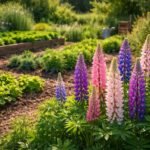 - Lupinen im bunten Gartenbeet, blühend, bienenfreundlich, eiweißreiche Samen werden sichtbar.