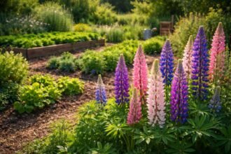 - Lupinen im bunten Gartenbeet, blühend, bienenfreundlich, eiweißreiche Samen werden sichtbar.