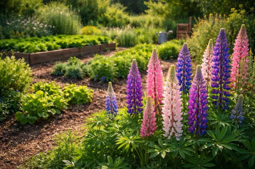 - Lupinen im bunten Gartenbeet, blühend, bienenfreundlich, eiweißreiche Samen werden sichtbar.
