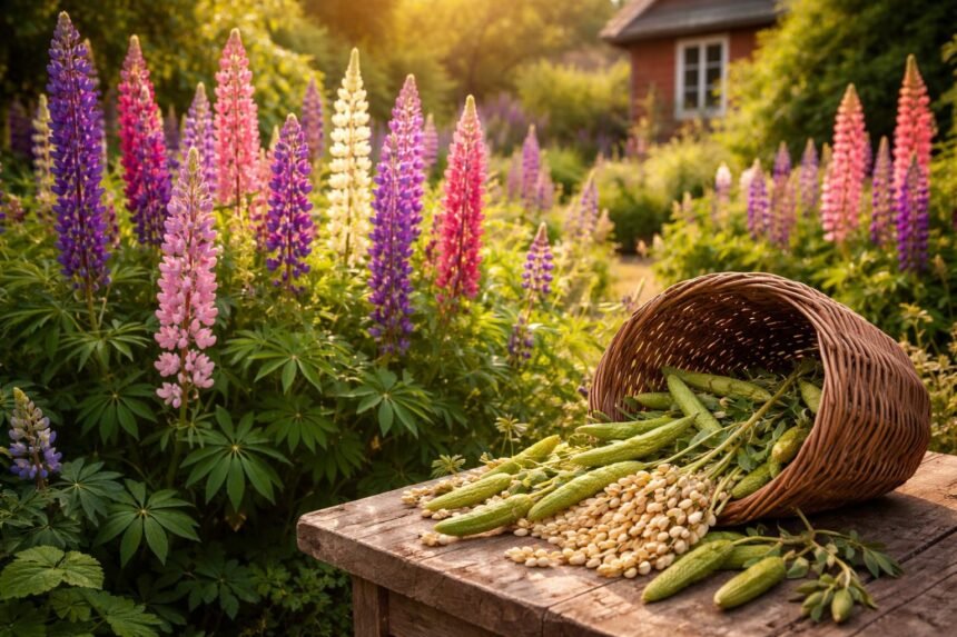 Lupinensamen: Eiweißreiche Samen aus dem eigenen Garten essen Lupinenblüten und Samen im Garten, dekorativ, eiweißreich und vielseitig verwendbar.