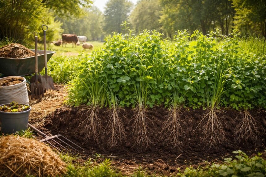 Luzerne im Beet; Tiefwurzler lockert Boden; Bindet Stickstoff; nährstoffreiches Futter.