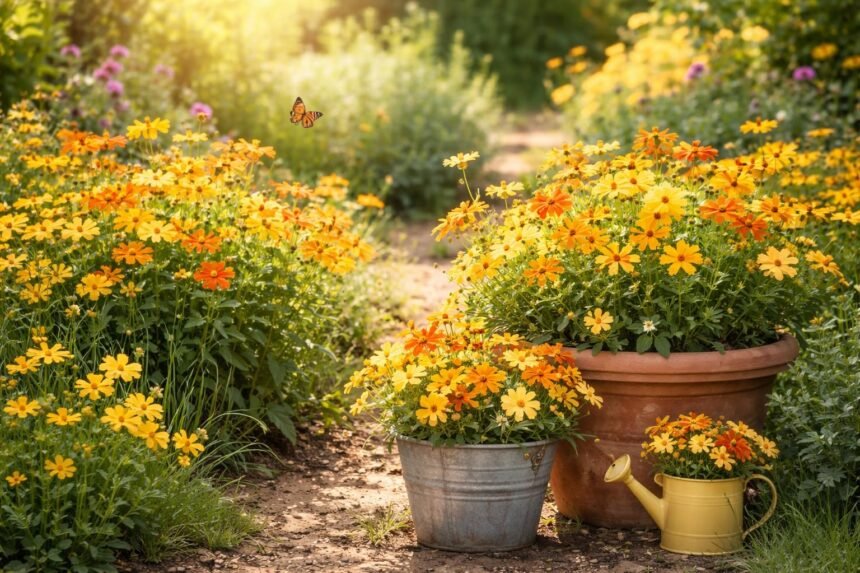 - Gelbe Coreopsis-Blüten leuchten im Garten; Bienen und Schmetterlinge lieben sie.