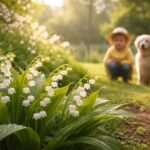 - Maiglöckchen im sonnigen Garten, zarte Blüten, grüne Blätter, friedlich, sanftes Licht.