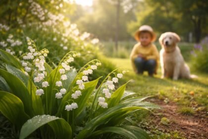 - Maiglöckchen im sonnigen Garten, zarte Blüten, grüne Blätter, friedlich, sanftes Licht.