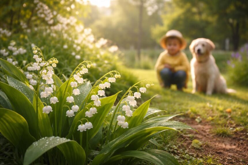 Maiglöckchen: Giftig für Menschen oder Haustiere? - Maiglöckchen im sonnigen Garten, zarte Blüten, grüne Blätter, friedlich, sanftes Licht.