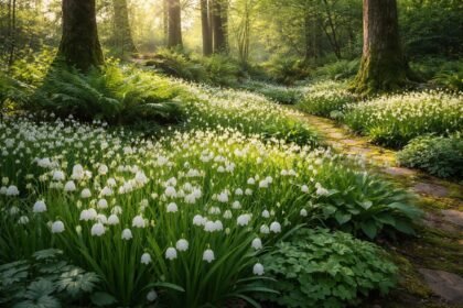 Maiglöckchen im Halbschatten wachsen, zarte Glöckchen, Duft, humusreicher Laubwaldboden unter Bäumen