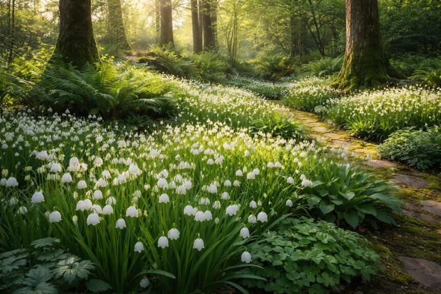 Maiglöckchen im Halbschatten wachsen, zarte Glöckchen, Duft, humusreicher Laubwaldboden unter Bäumen