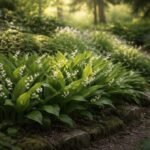 - Weißes Maiglöckchen im schattigen Beet, zarter Duft im Frühling, ruhige Stimmung.