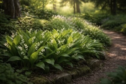 - Weißes Maiglöckchen im schattigen Beet, zarter Duft im Frühling, ruhige Stimmung.