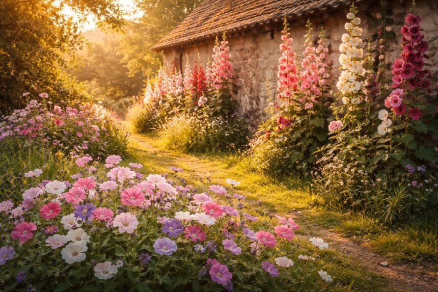 - Vielfältige Malven blühen romantisch im Garten, robust, nostalgisch und farbenfroh.