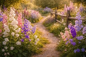 Marienglockenblume im Garten mit weißen, rosa und blauen glockenförmigen Blüten in sommerlicher Pracht