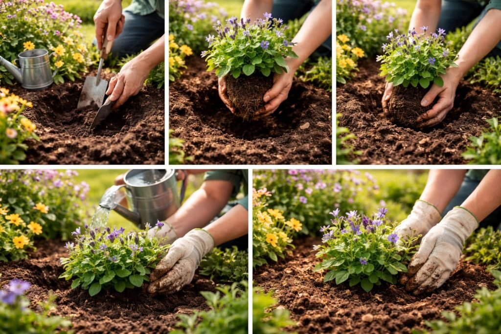 Bild zeigt Hobbygärtner beim Pflanzen der Marienglockenblume im sonnigen Beet.