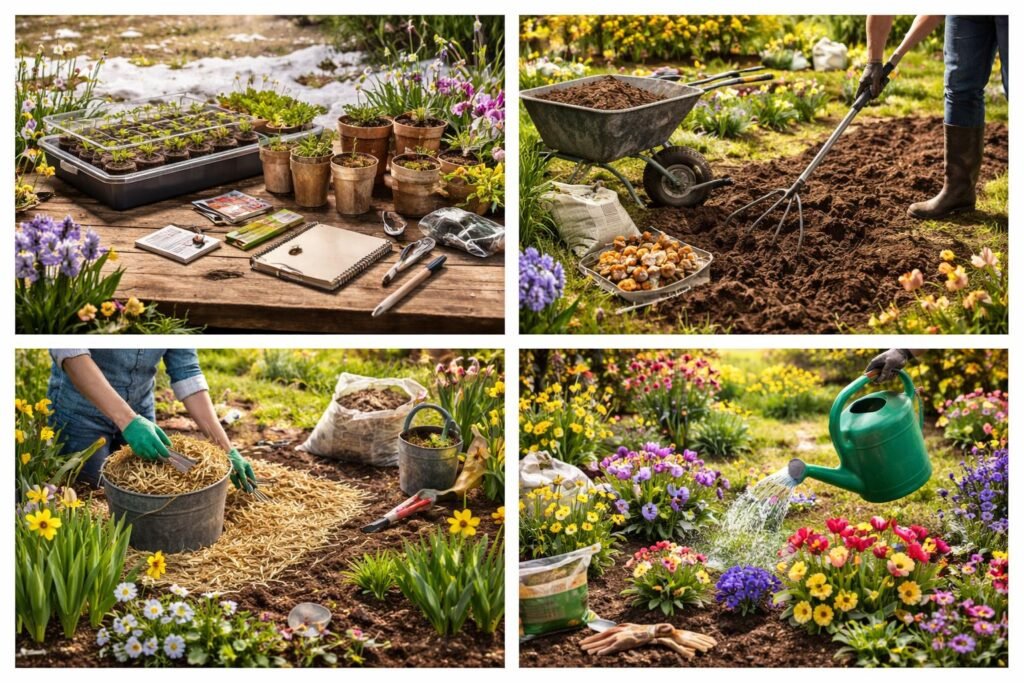 Gärtner plant monatliche Frühlingsaufgaben: Kalender, Samen, Werkzeuge, Frühjahrsstart planen, Sonnenlicht