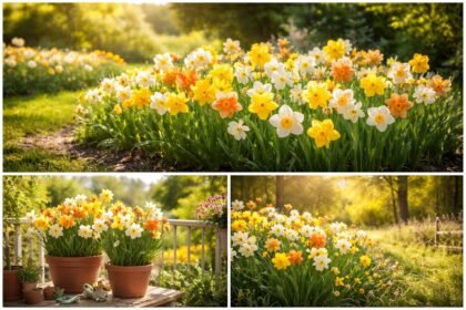 - Narzissen in Gelb, Weiß und Orange leuchten hell im Frühlinggarten und Balkongarten.