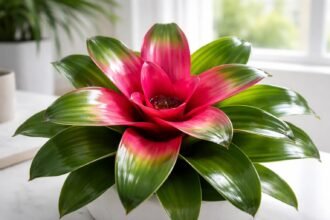 - Neoregelia carolinae als dekorative Indoor-Pflanze mit rosettiger Form und glänzenden Blättern.