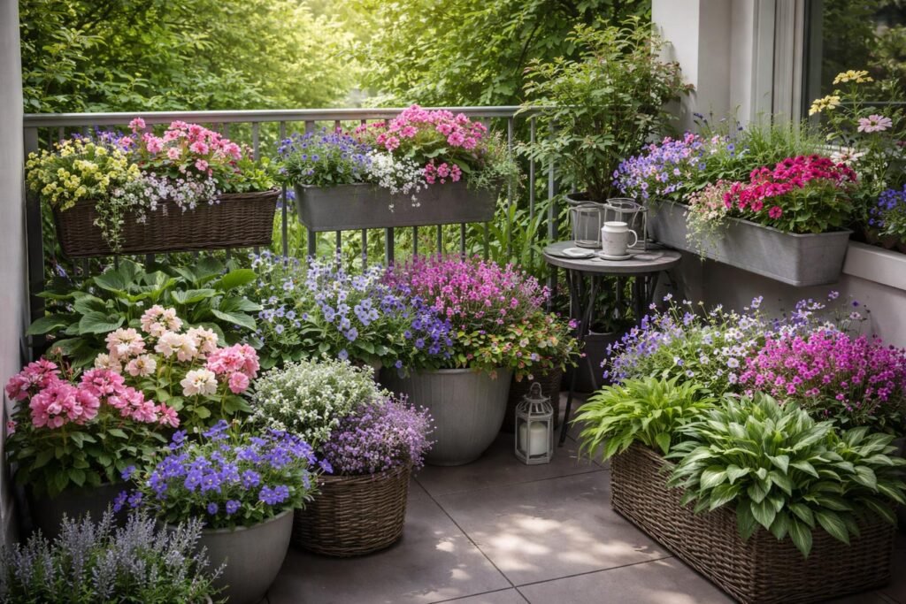 Nordbalkon im Schatten; robuste, blühende Favoriten in Balkonkästen; farbenfroh für Schattenbereiche.