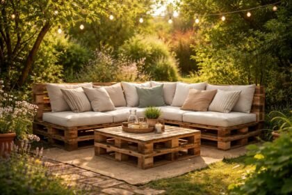 - Rustikale Palettenmöbel im Garten: praktisch, nachhaltig, individuell gestaltbar, gemütlich und einladend.