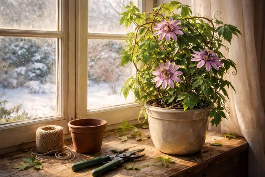 Passionsblume im Wintergarten mit Frostschutz, Rückschnittwerkzeugen bereit, ruhiger Wärmefluss und Beobachtung