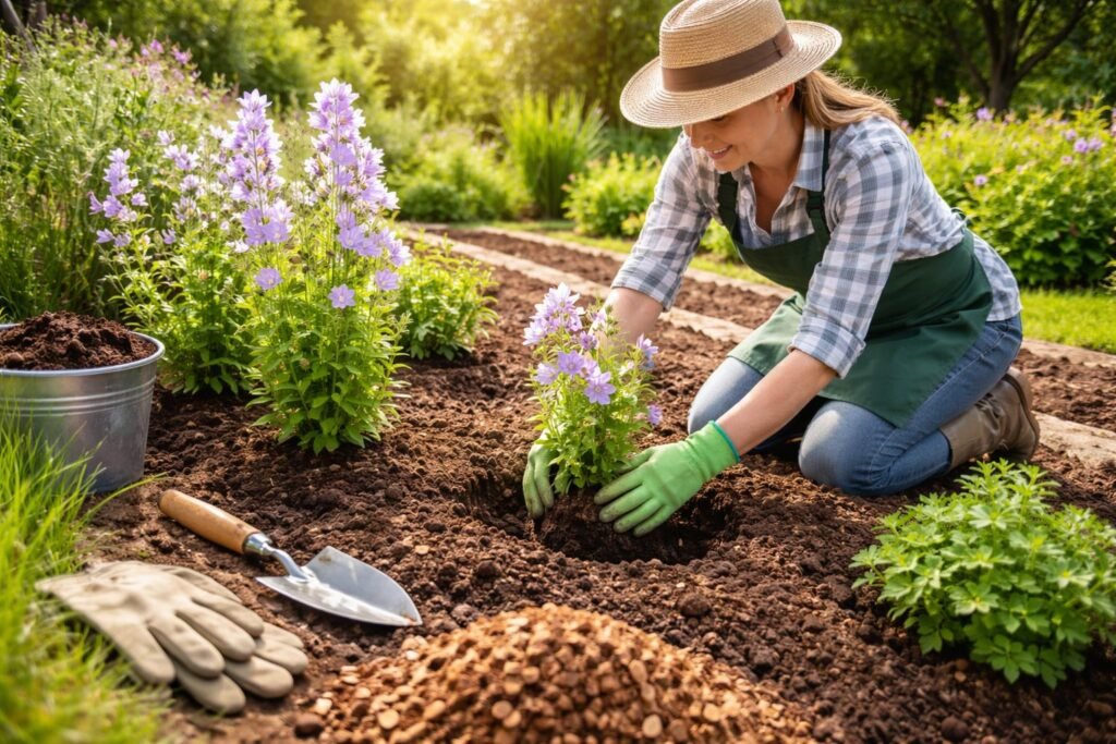 Pfirsichblättrige Glockenblume: Besonderheiten beim Pflanzen & Pflegen Pfirsichblättrige Glockenblume beim Pflanzen im Beet unter Sonnenlicht und guter Erde.