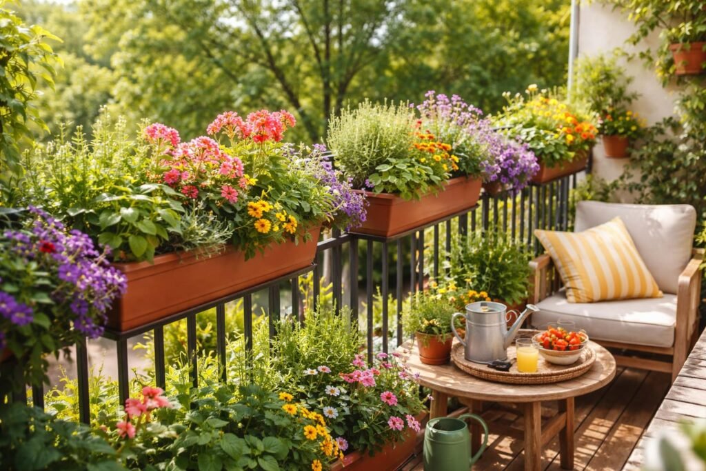 Bild zeigt Balkonkästen mit Dauerblühern, Kräutern und Co. in fröhlicher Blüte.