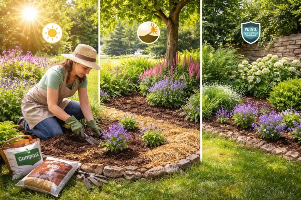 Winterharte Glockenblumen im Garten, sorgfältig gepflanzt, nährstoffreicher Boden, sonniger Standort