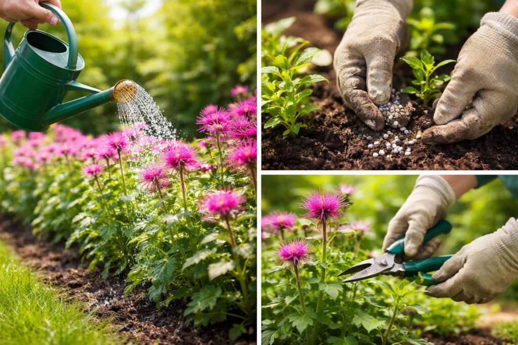 Indianernessel-Pflanzen werden gegossen, gedüngt und beschnitten am sonnigen Standort im Garten.