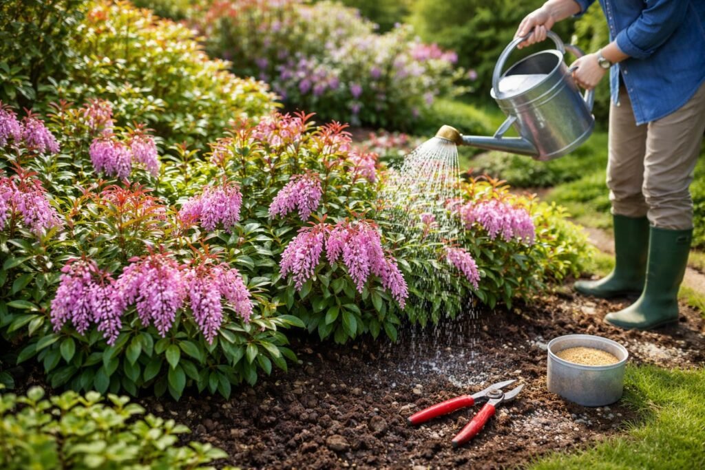 Gärtnerin gießt Lavendelheide, trägt Dünger auf, schneidet rauhe Triebe vorsichtig zurück.
