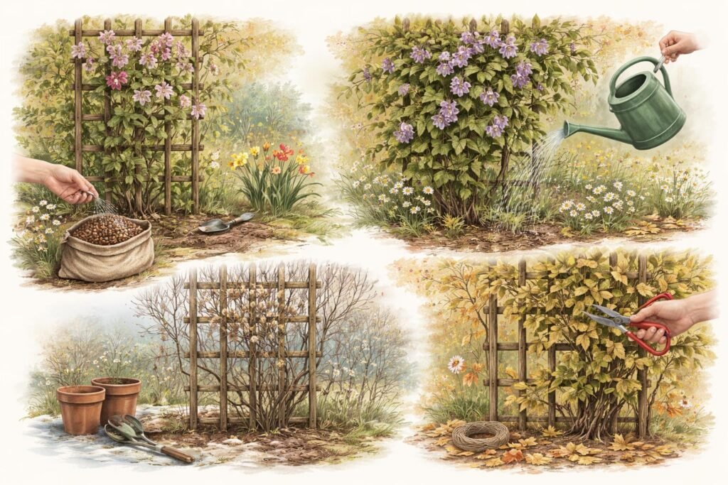 - Lange Pflege der Glockenrebe durch Düngen, Gießen und Schnitt im Jahresverlauf.