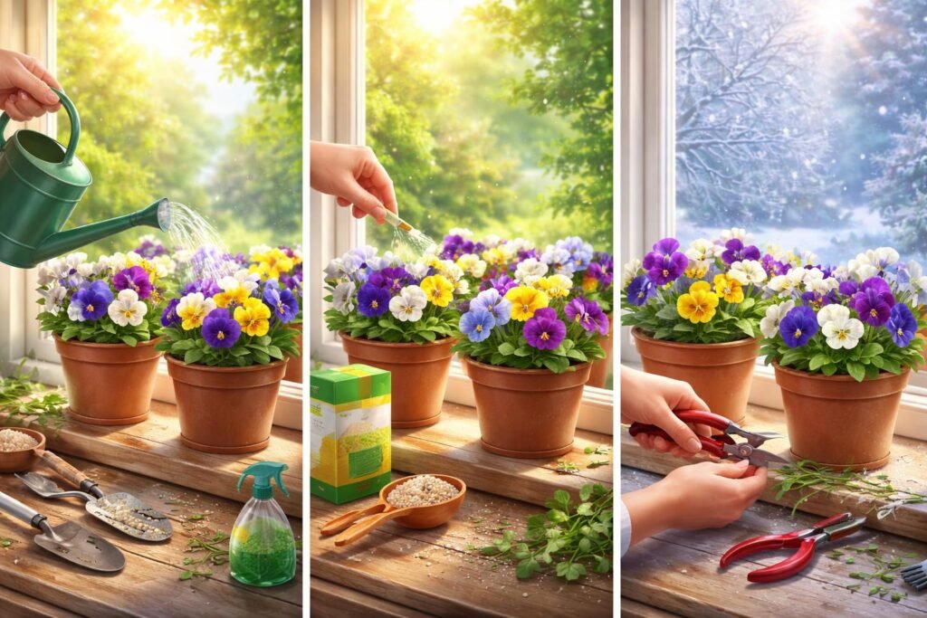 Hornveilchen-Pflanzen im Garten: Gießen, Düngen, Schneiden, pflegerische Tipps sichtbar, Jahresbetreuung