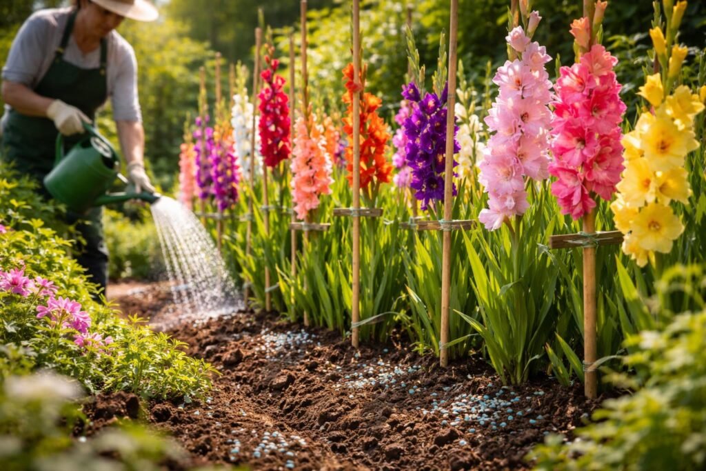 Gladiolen im Sommer gießen, düngen und stützen sorgfältig im Garten.