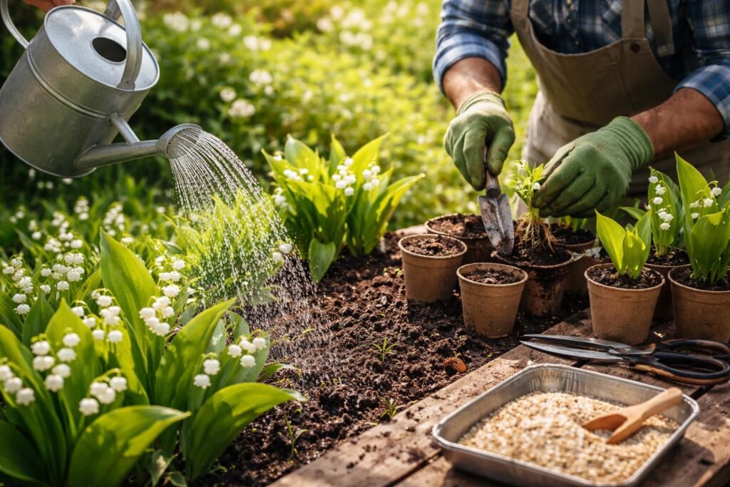 - Maiglöckchen-Pflanze im Beet, zeigt deutlich Gießen, Düngen, Vermehren und Winterschutz.