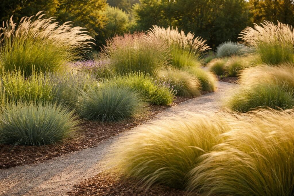 Ein naher Blick auf robuste Gartengräser im sonnigen Garten mit vielseitiger Pflege.