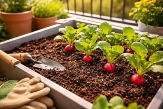 Frisch geerntete Radieschen im Beet, Hochbeet oder Balkonkasten, einfache Tipps.