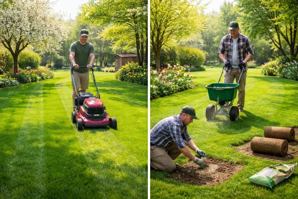 - Frühlingsgarten erwacht, Rasenpflege, düngen, kahle Stellen ausbessern im Garten jetzt.