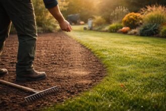 - Herbstlicher Rasenteppich vor Erneuerung: kahle Flächen, Moos, feuchte Nässe, Ruhe.