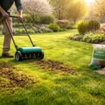 Frischer Frühlingsrasen, grün, gesund, frei von Moos, dichter, gleichmäßig bewachsen.