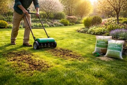 Frischer Frühlingsrasen, grün, gesund, frei von Moos, dichter, gleichmäßig bewachsen.