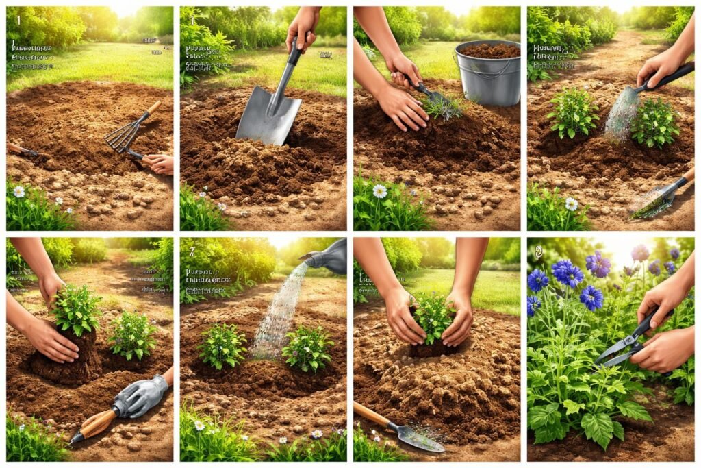 Kugeldistel im bunten Gartenbeet, sichtbar neben einer präzisen Schritt-für-Schritt-Pflegeanleitung für Sorten.