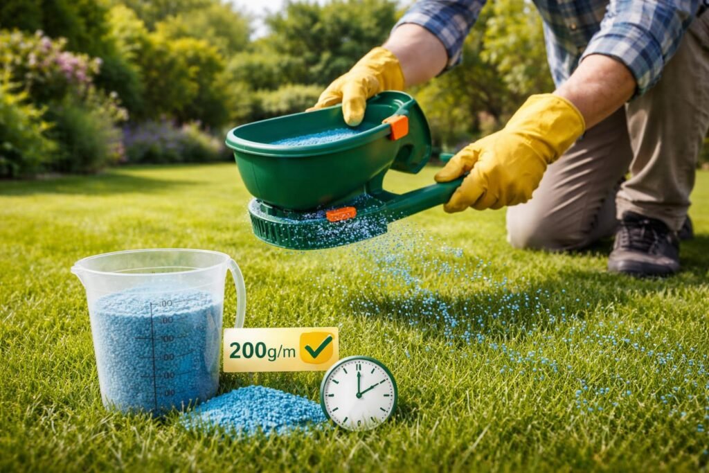 Nahaufnahme von grünem Rasen, Blaukorn-Dosierung als sichere Anleitung für richtige Anwendung und Dosierung.