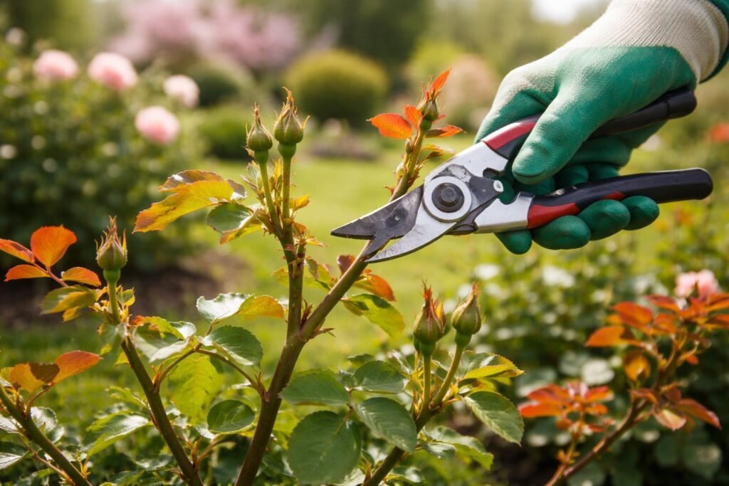 - Gärtner schneidet Rosen im März, Frühjahrschnitt für gesunde Blütenpflanzen im Garten