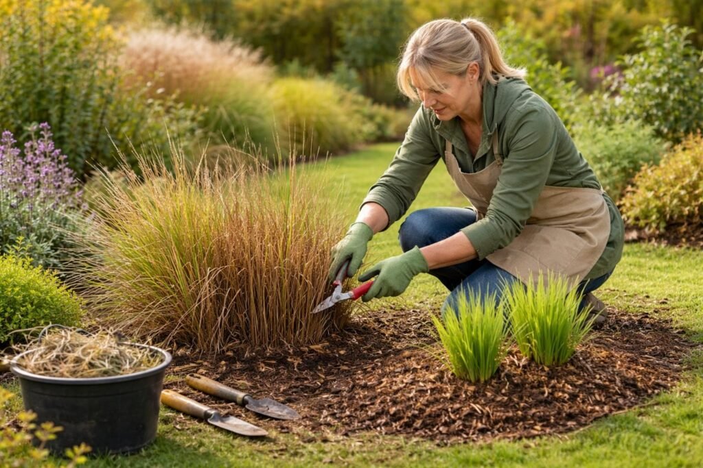 - Nahaufnahme der Schnittstelle, jüngere Triebe, getrennter Horst, kompakt bleibend nach Rückschnitt.