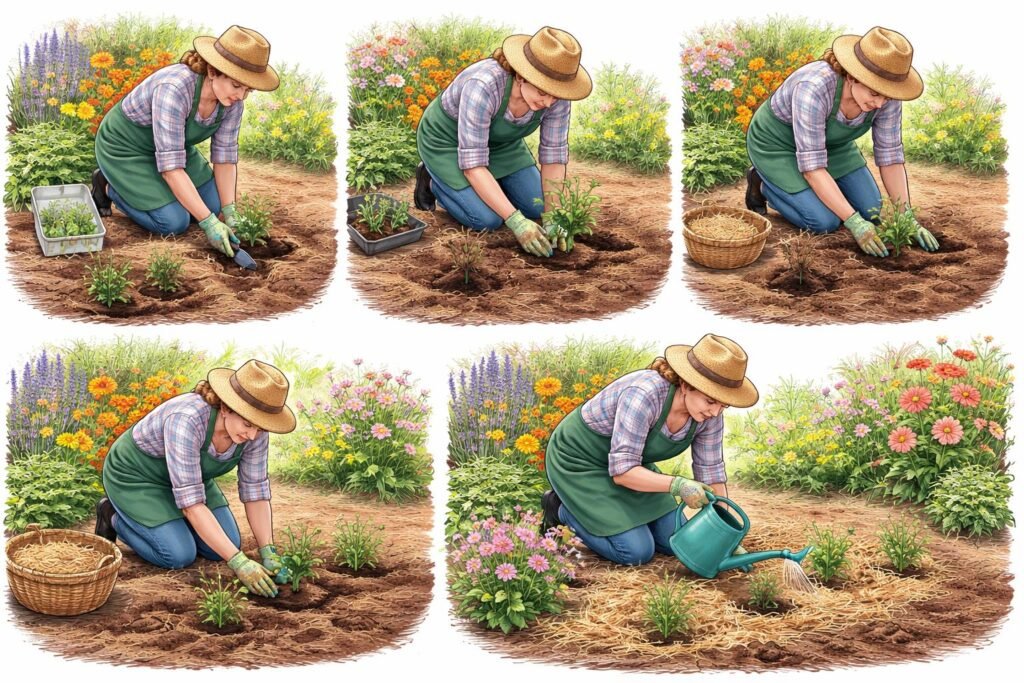 Schönaster Kalimeris incisa Pflanzung Schritt für Schritt im Gartenbeet gezeigt.