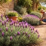 Schopflavendel Lavandula stoechas im Beet, sonnig, duftend, mit farbigen Schopfblüten.